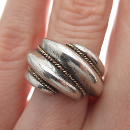 14K Yellow Gold & 925 Sterling Silver Vintage Modernist Oxidized Ring Size 6