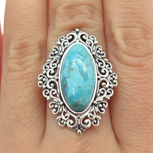 925 Sterling Silver Vintage Real Turquoise Gem Ornate Statement Ring Size 7