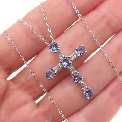 Chuck Clemency 925 Sterling Silver Real Tanzanite White Topaz Cross Necklace 20"