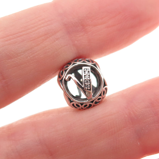 Pandora 925 Sterling Silver C Z Letter V Initial Slide Bead Charm