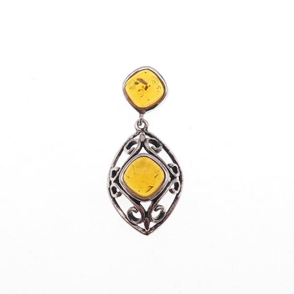 925 Sterling Silver Vintage Real Amber Oxidized Slide Charm Pendant