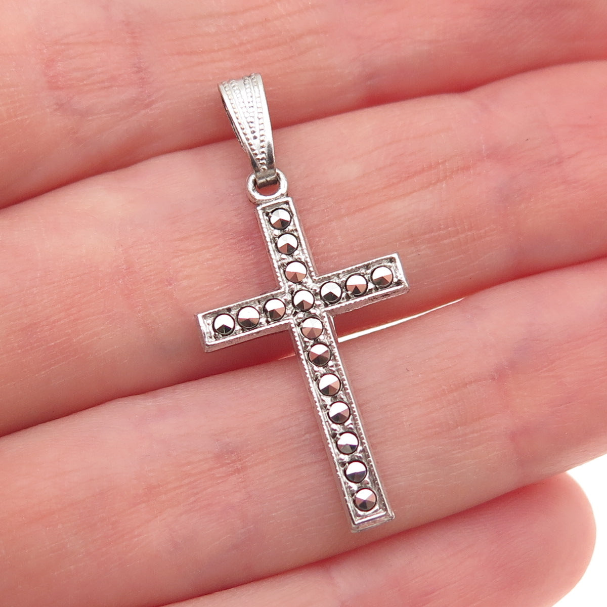 925 Sterling Silver Antique Art Deco Real Marcasite Cross Oxidized Charm Pendant