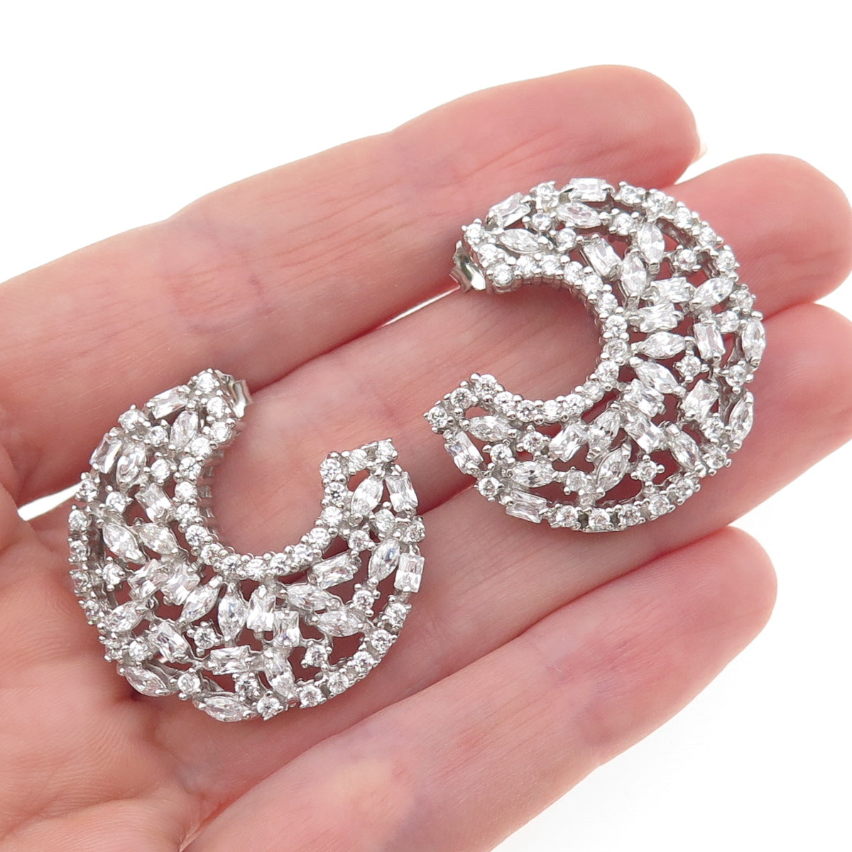 925 Sterling Silver Marquise Round & Radiant-Cut C Z Crescent Earrings