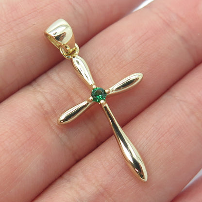 HAN 925 Sterling Silver Gold Plated Green C Z Cross Pendant