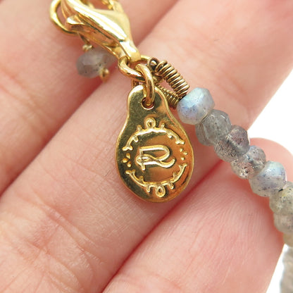 925 Sterling Silver Gold Plated Real Labradorite Beaded Bar Necklace 16-18"