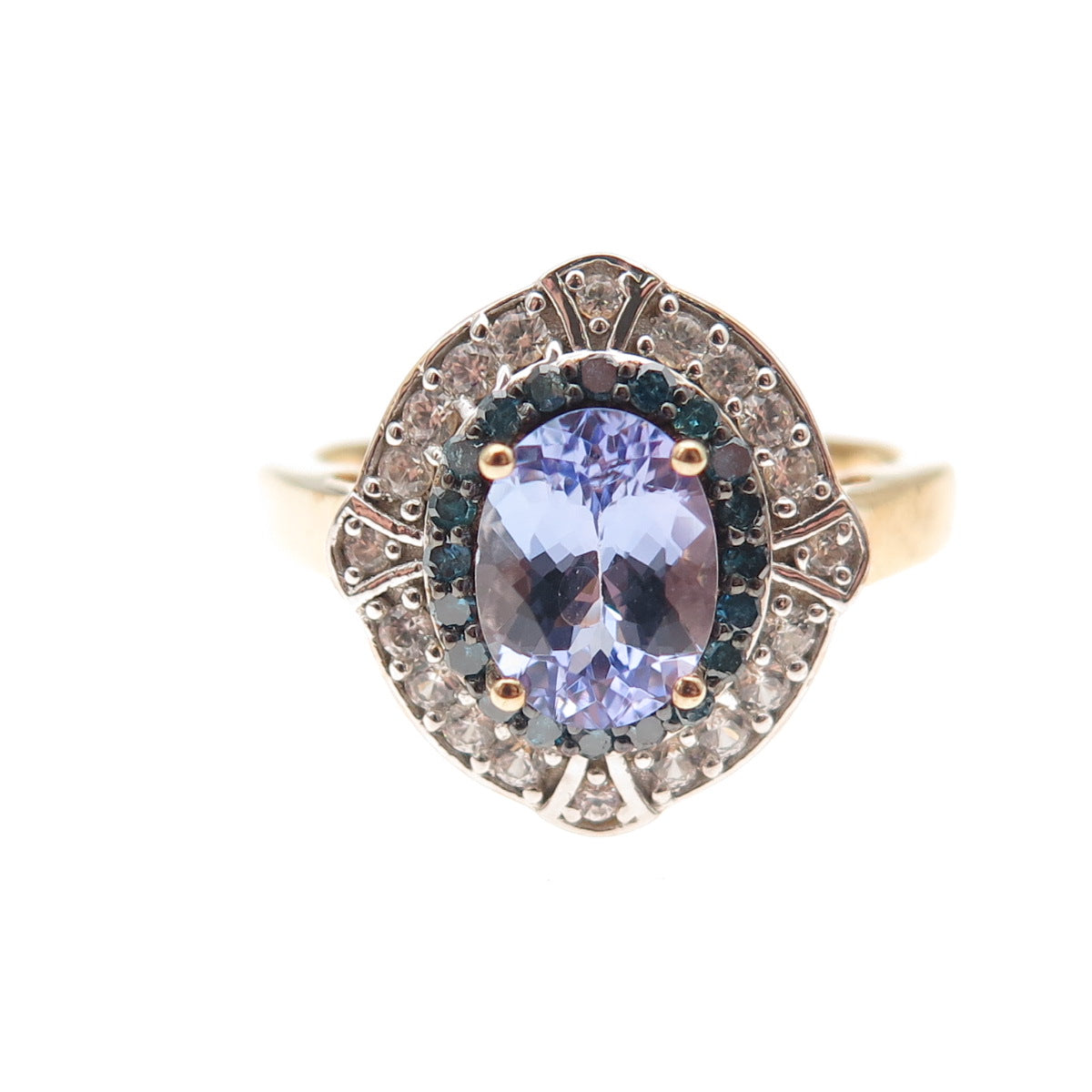 925 Sterling Gold Plated Real Blue Diamond Tanzanite & White Topaz Ring Size 8