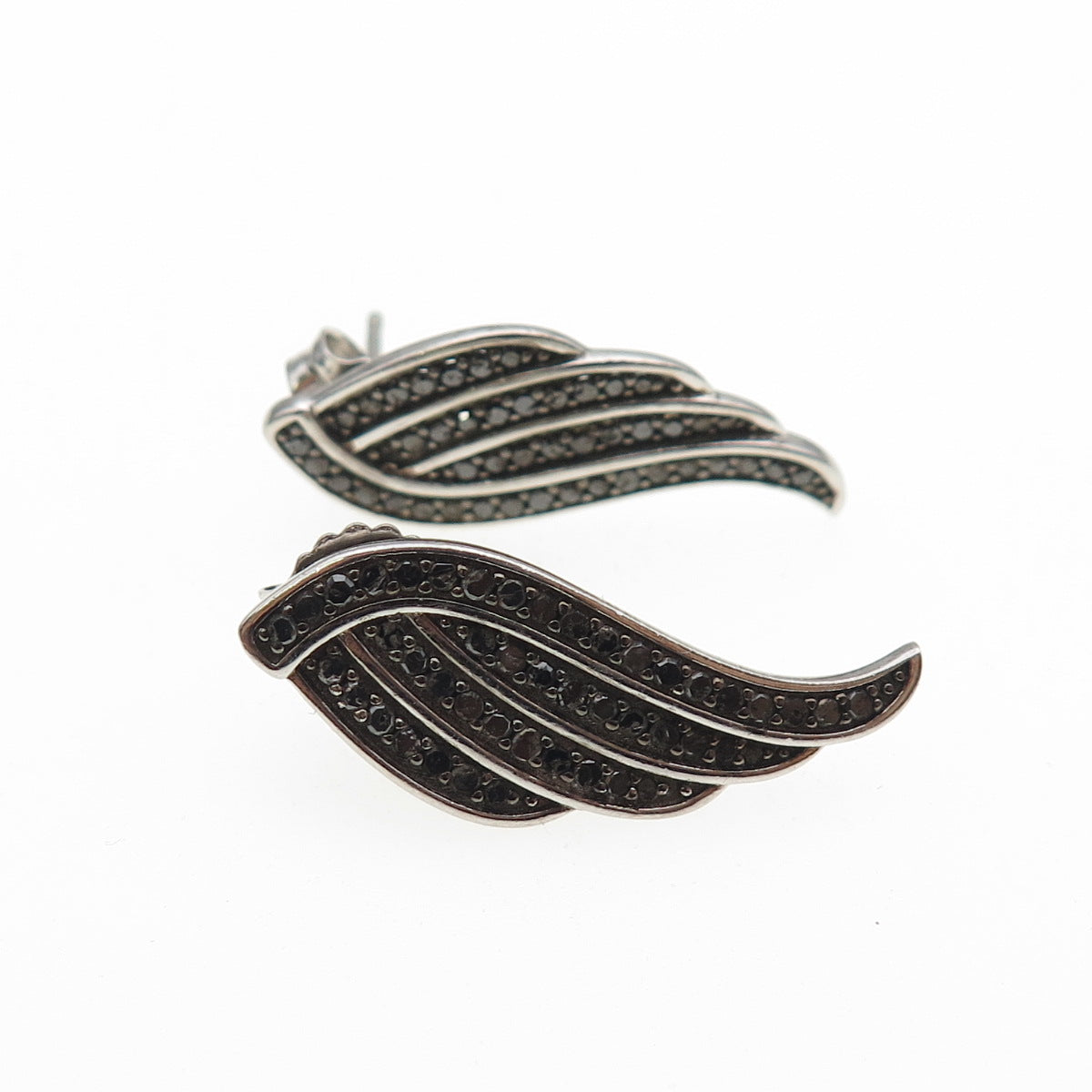 925 Sterling Silver Real Round-Cut Black Diamond Angel Wings Earrings