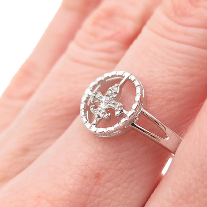 925 Sterling Silver Real Round-Cut Diamond Fleur de Lis Ring Size 8
