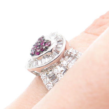 925 Sterling Silver Real Round-Cut Ruby & C Z Heart Ring Size 7.25