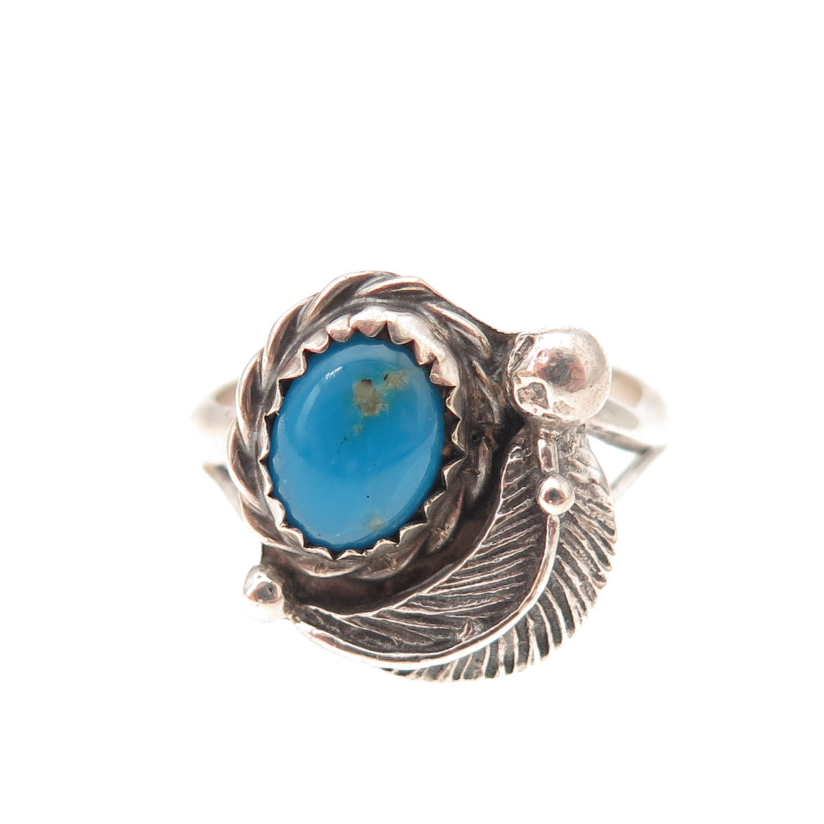 Old Pawn Sterling Silver Vintage Southwestern Turquoise Feather Ring Size 6.25