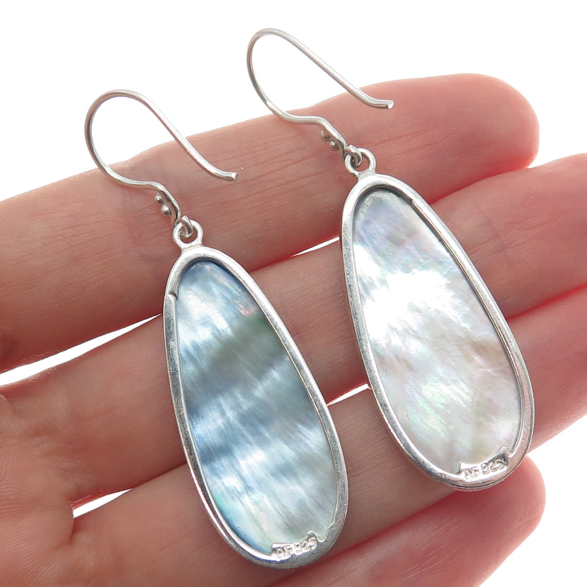 AF DESIGN 925 Sterling Silver Vintage Real Blue MOP Teardrop Dangle Earrings