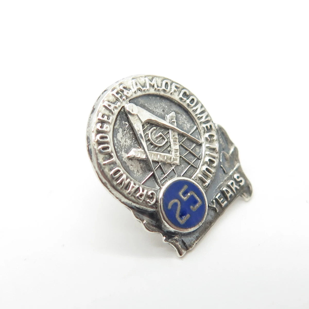925 Sterling Silver Enamel Vintage 25 Years Grand Lodge A.F. & A.M. of CT Pin