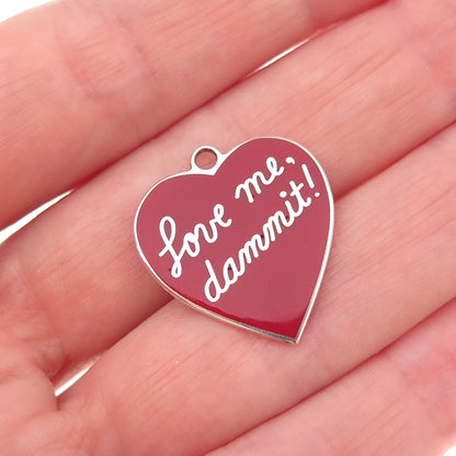 925 Sterling Silver Vintage Red Enamel Love Me, Dammit! Heart Charm Pendant
