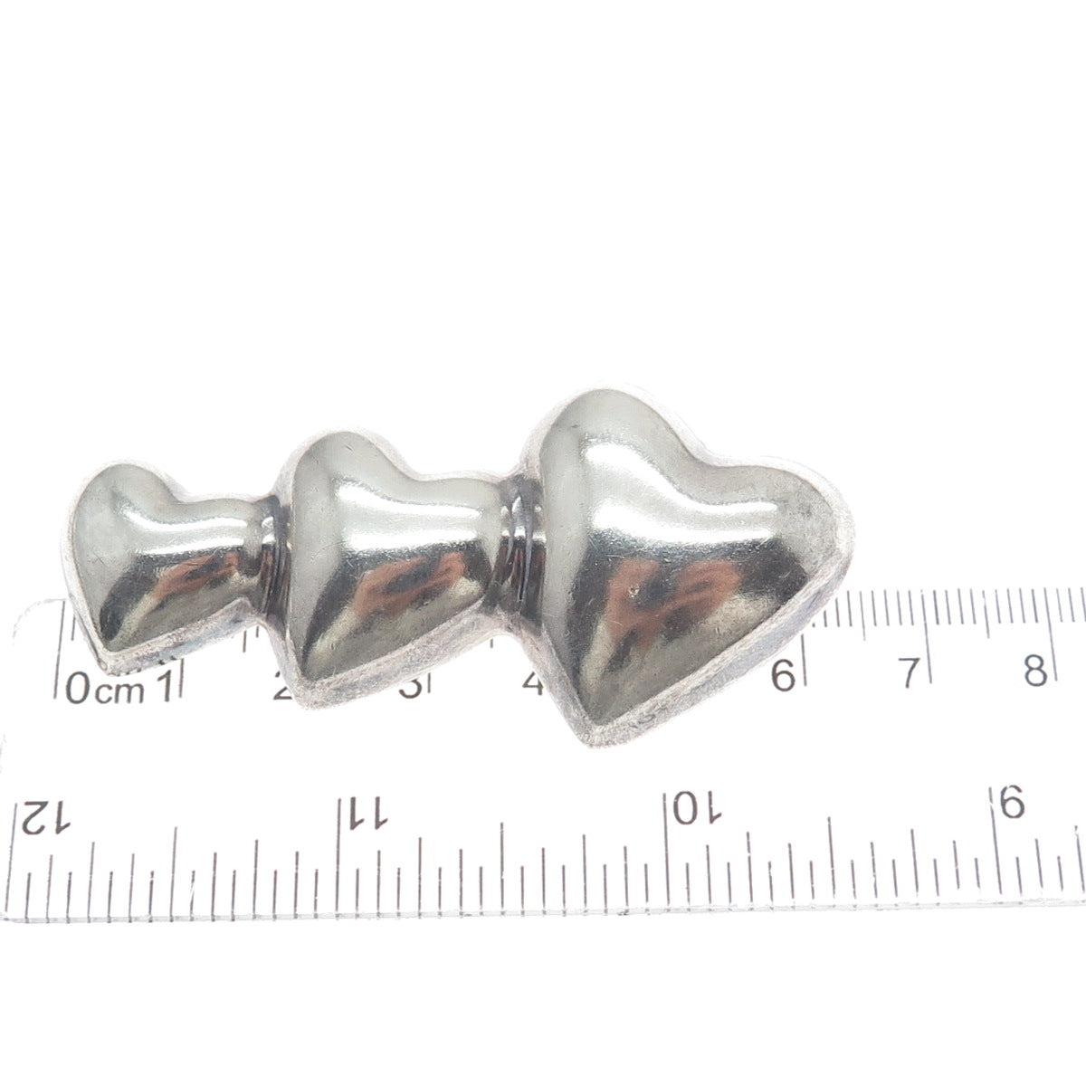 925 Sterling Silver Vintage Graduated Triple Puffy Heart Pin Brooch