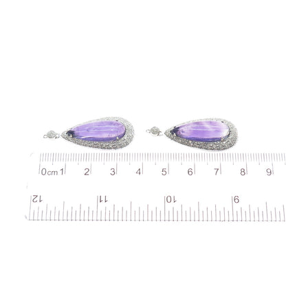 925 Sterling Silver Real Diamond & Amethyst Teardrop Jacket Earrings