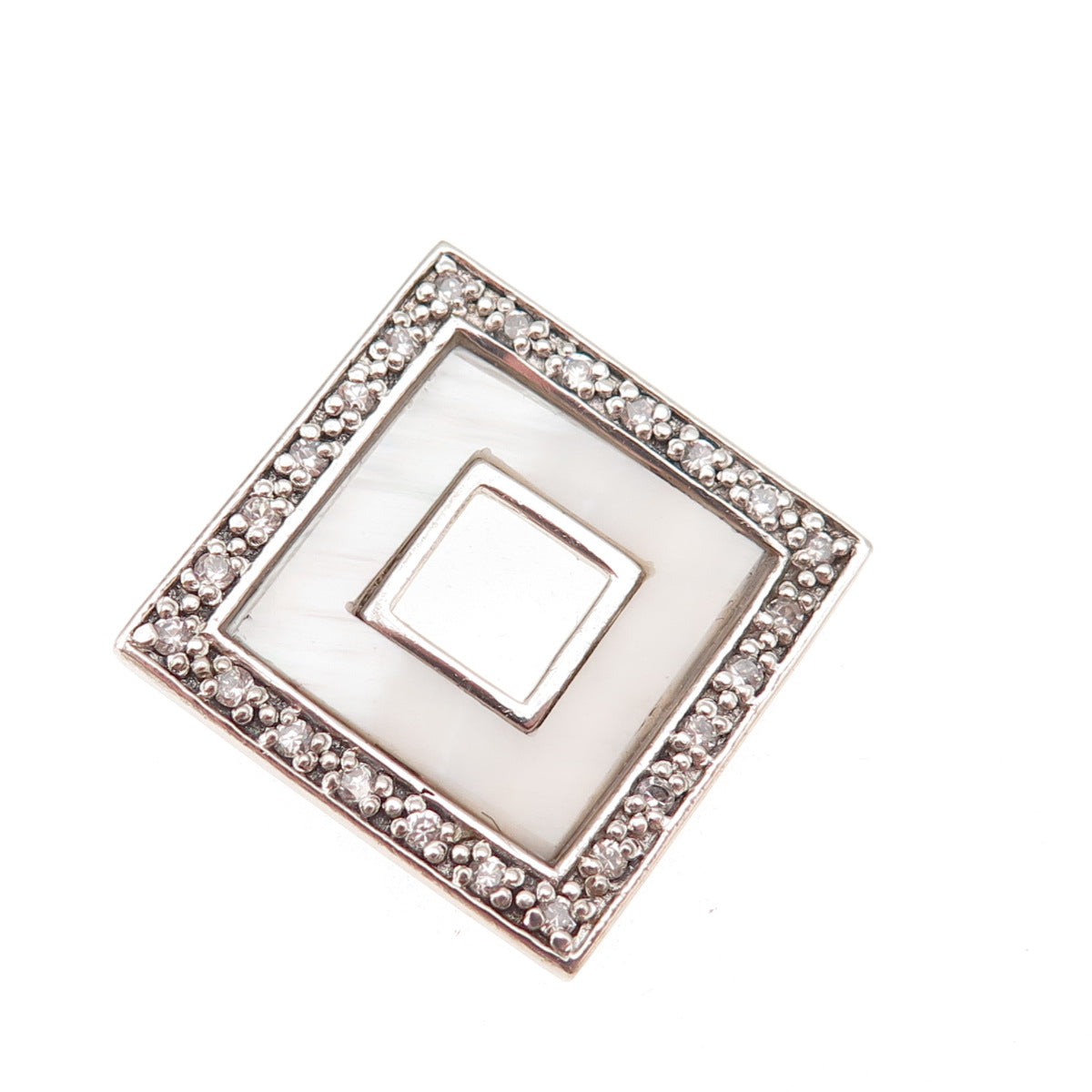 925 Sterling Silver Vintage Real MOP & C Z Square Slide Charm Pendant
