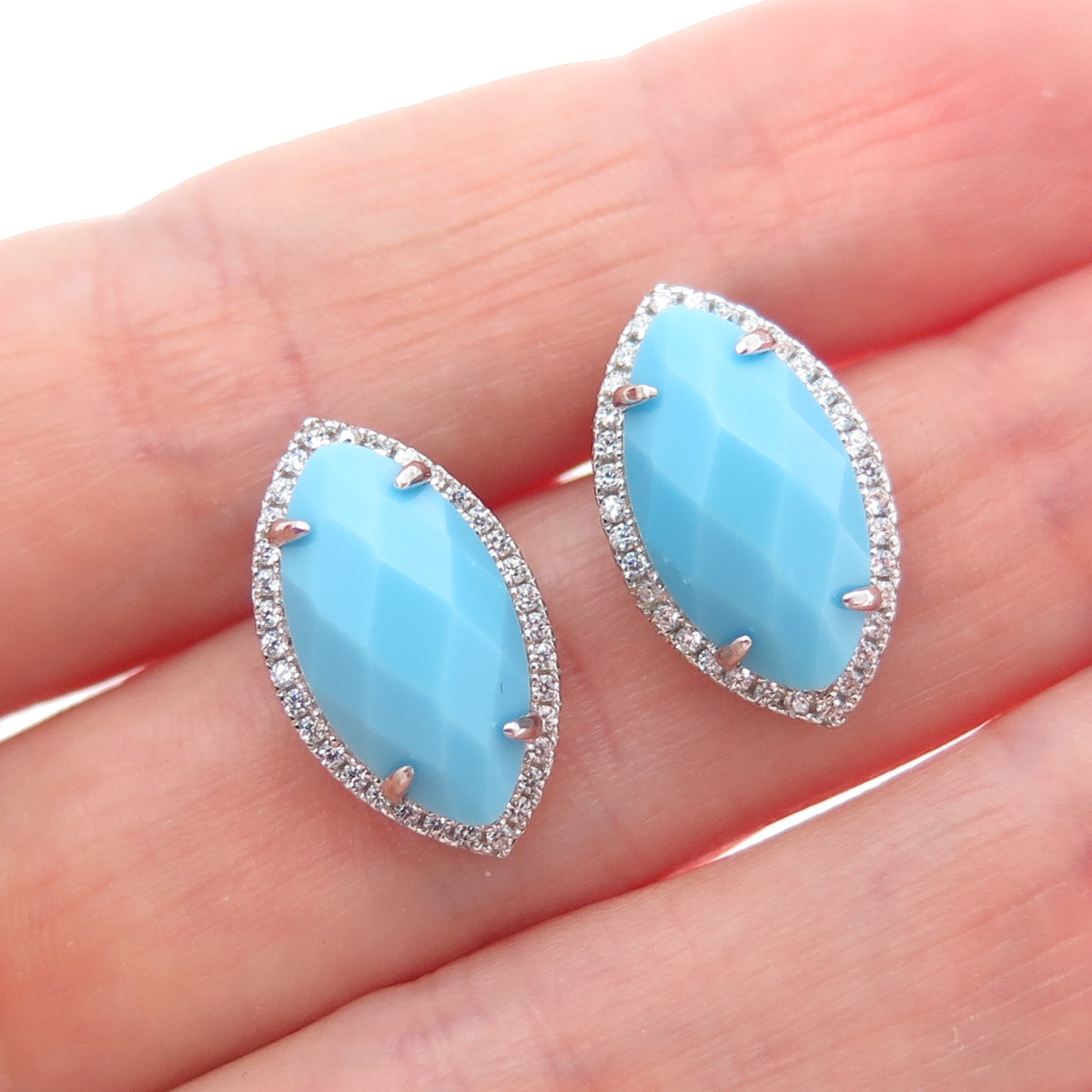 925 Sterling Silver Marquise-Cut Faux Turquoise & Round-Cut C Z Earrings