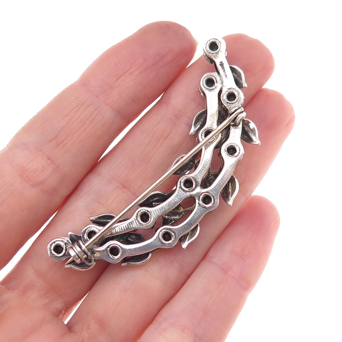 925 Sterling Silver Antique Art Deco Green Rhinestone Floral Pin Brooch