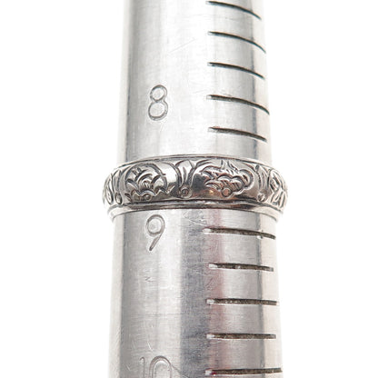 925 Sterling Silver Vintage Engraved Lotus Flower Oxidized Band Ring Size 9