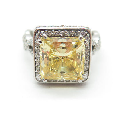 925 Sterling Silver Vintage Cushion-Cut Yellow & White C Z Ring Size 8.25