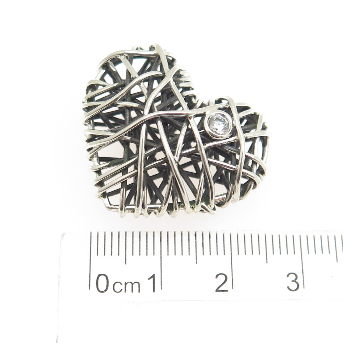 925 Sterling Silver Vintage Round-Cut C Z Modernist Wire Heart Slide Pendant