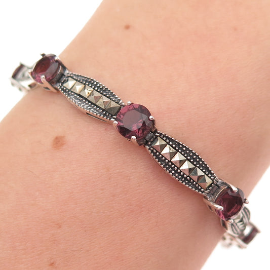 925 Sterling Silver Vintage Real Round-Cut Amethyst & Marcasite Bracelet 7"