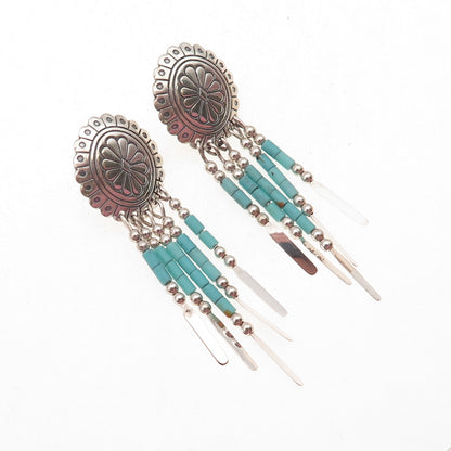 Quoc Turquoise Old Pawn Sterling Silver Vintage Concho Tribal Dangle Earrings