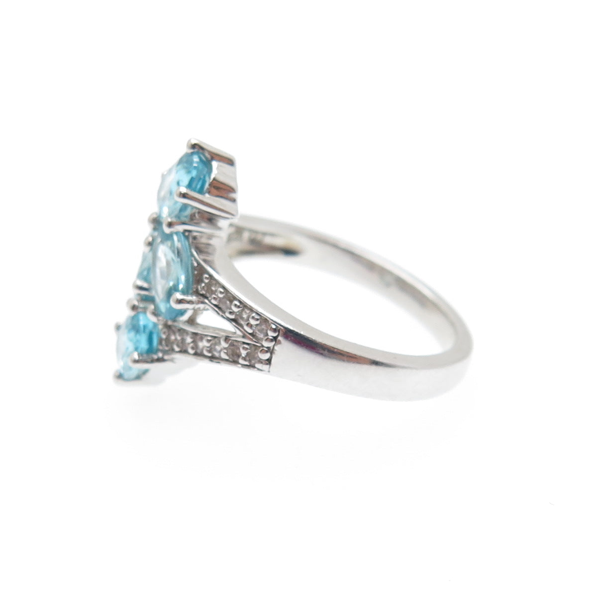 925 Sterling Silver Real Oval-Cut Blue & Round-Cut White Topaz Ring Size 6