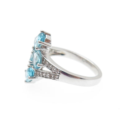 925 Sterling Silver Real Oval-Cut Blue & Round-Cut White Topaz Ring Size 6