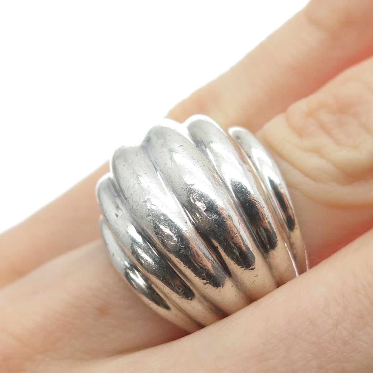 925 Sterling Silver Vintage Mexico Modernist Ribbed Dome Ring Size 5.5