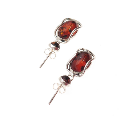 925 Sterling Silver Vintage Real Amber Modernist Oxidized Dangle Earrings