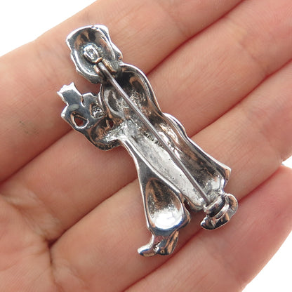 925 Sterling Silver Antique Art Deco Man w/ Tulip Flower Oxidized Pin Brooch