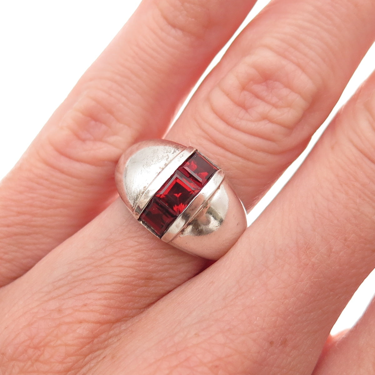 CNA Pranda 925 Sterling Silver Vintage Real Red Garnet Dome Oxidized Ring Size 5