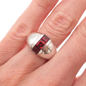 CNA Pranda 925 Sterling Silver Vintage Real Red Garnet Dome Oxidized Ring Size 5