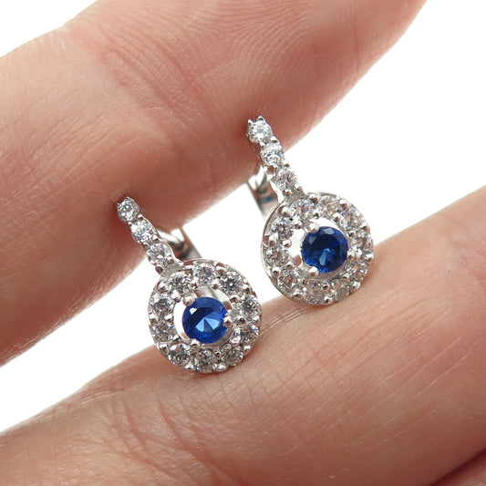 925 Sterling Silver Round-Cut Blue & White C Z Earrings