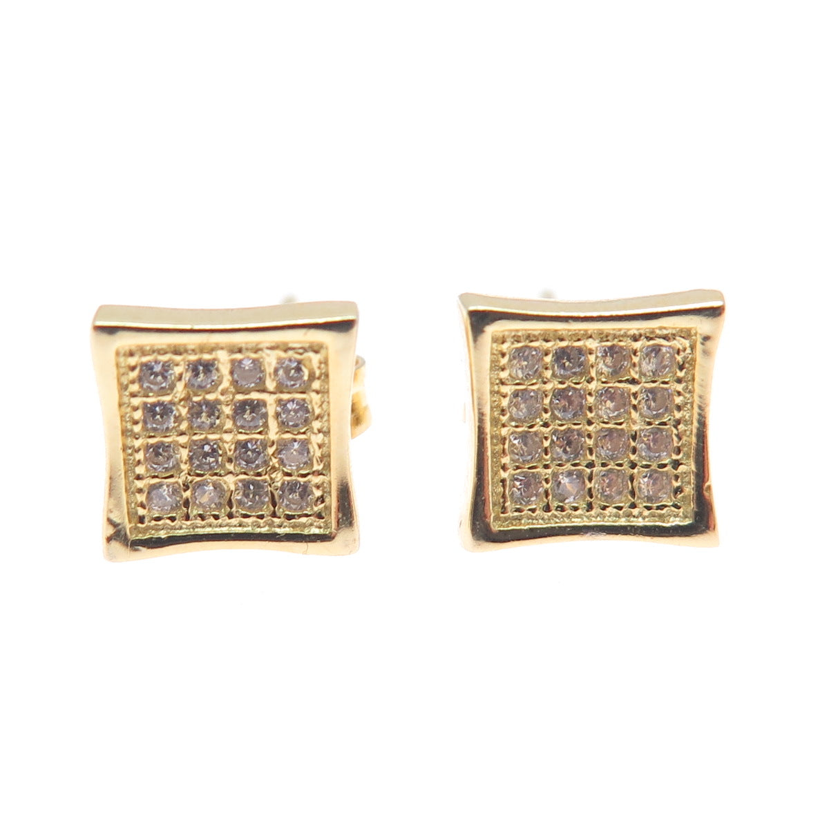 925 Sterling Silver Gold Plated Round-Cut C Z Square Stud Earrings