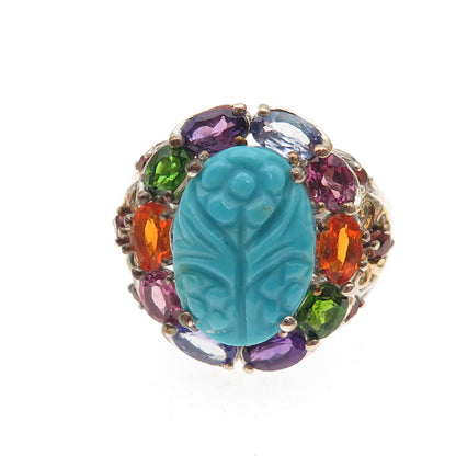 Chuck Clemency 925 Sterling Silver Real Turquoise & Multi-Gem Ring Size 8.25