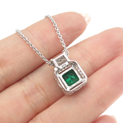 925 Sterling Silver Multi-Cut Green & White C Z Cable Chain Necklace 18"