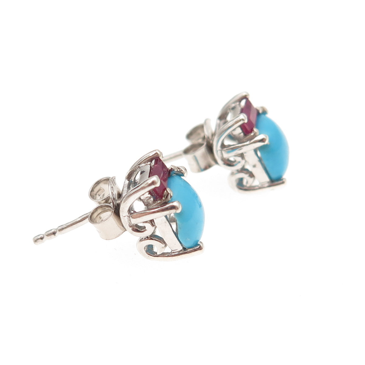 Chuck Clemency 925 Sterling Silver Real Turquoise & Ruby Stud Earrings
