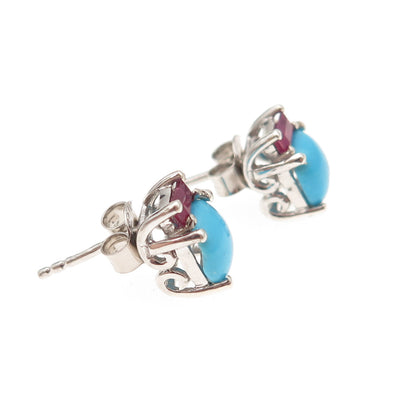 Chuck Clemency 925 Sterling Silver Real Turquoise & Ruby Stud Earrings
