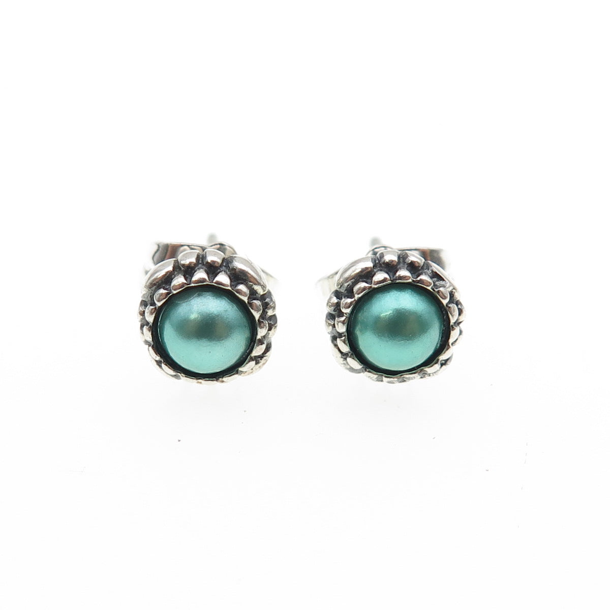 925 Sterling Silver Faux Pearl Oxidized Stud Earrings