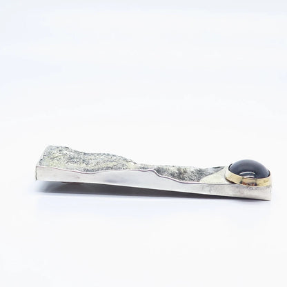 925 Sterling Silver / 14K Gold Vintage Red Garnet Gem Textured Modernist Pendant