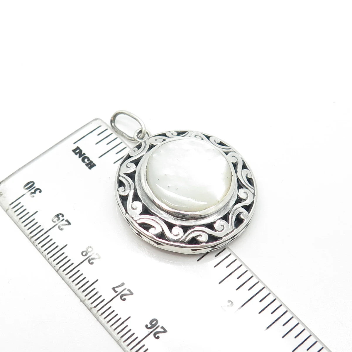 925 Sterling Silver Vintage Real Mother-of-Pearl Ornate Pendant