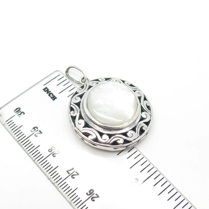 925 Sterling Silver Vintage Real Mother-of-Pearl Ornate Pendant