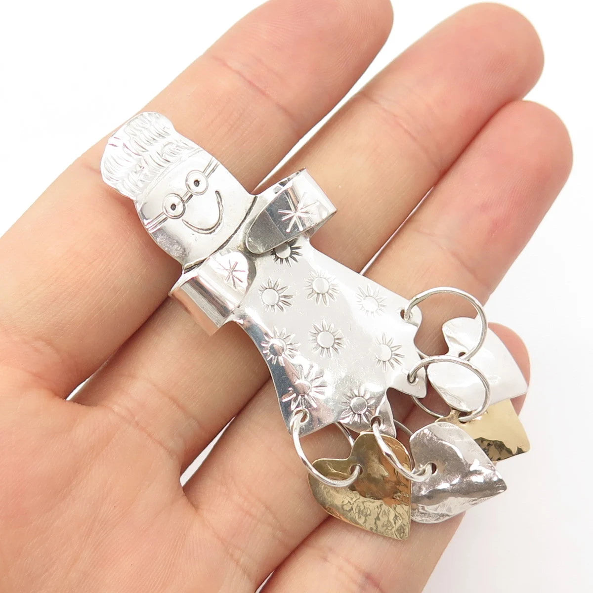925 Sterling Silver 2-Tone Vintage Snowman & Heart Dangling Pin Brooch