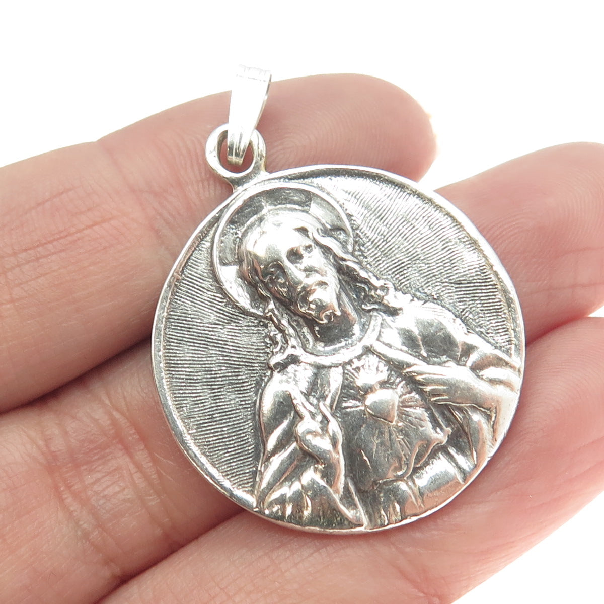 925 Sterling Silver Antique Art Deco Jesus & St. Mary Miraculous Medal Pendant