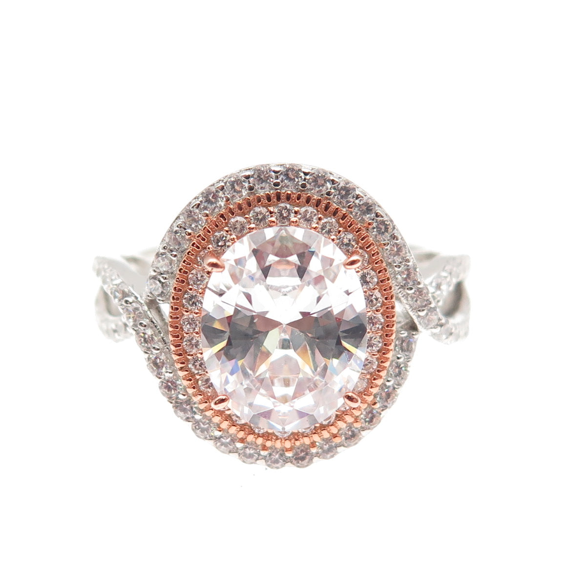 DSMK 925 Sterling Silver 2-Tone Oval & Round-Cut C Z Engagement Ring Size 7