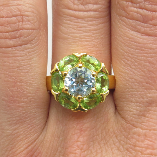 925 Sterling Silver Gold Plated Real Peridot & Blue Topaz Ring Size 10.25