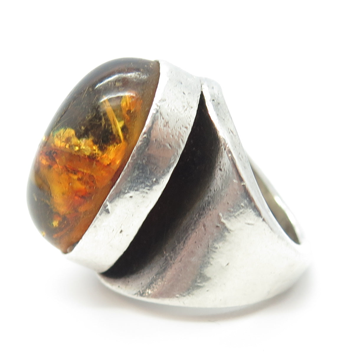 925 Sterling Silver Vintage Real Amber Domed Ring Size 6.75