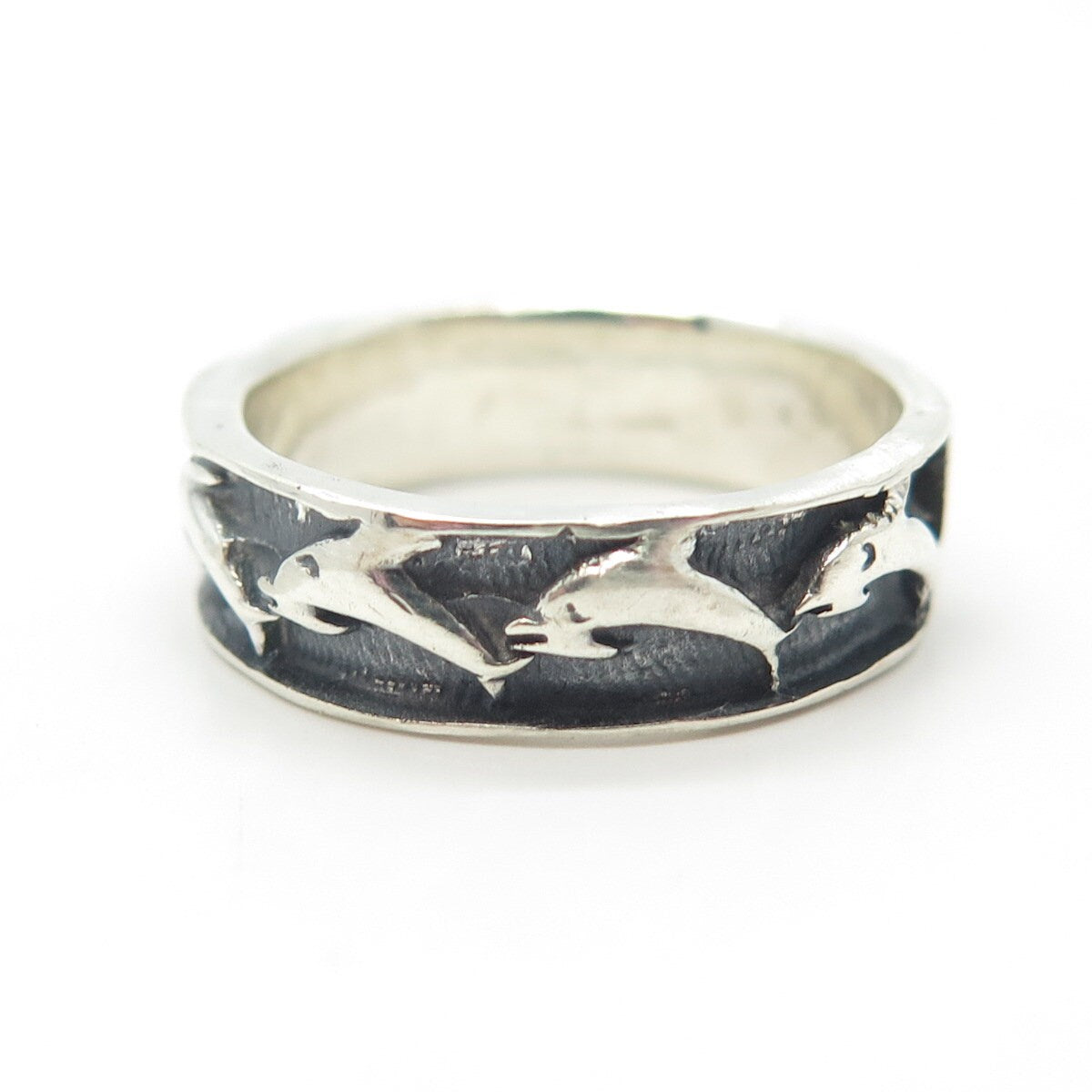 925 Sterling Silver Vintage Friendly Dolphin Band Ring Size 8